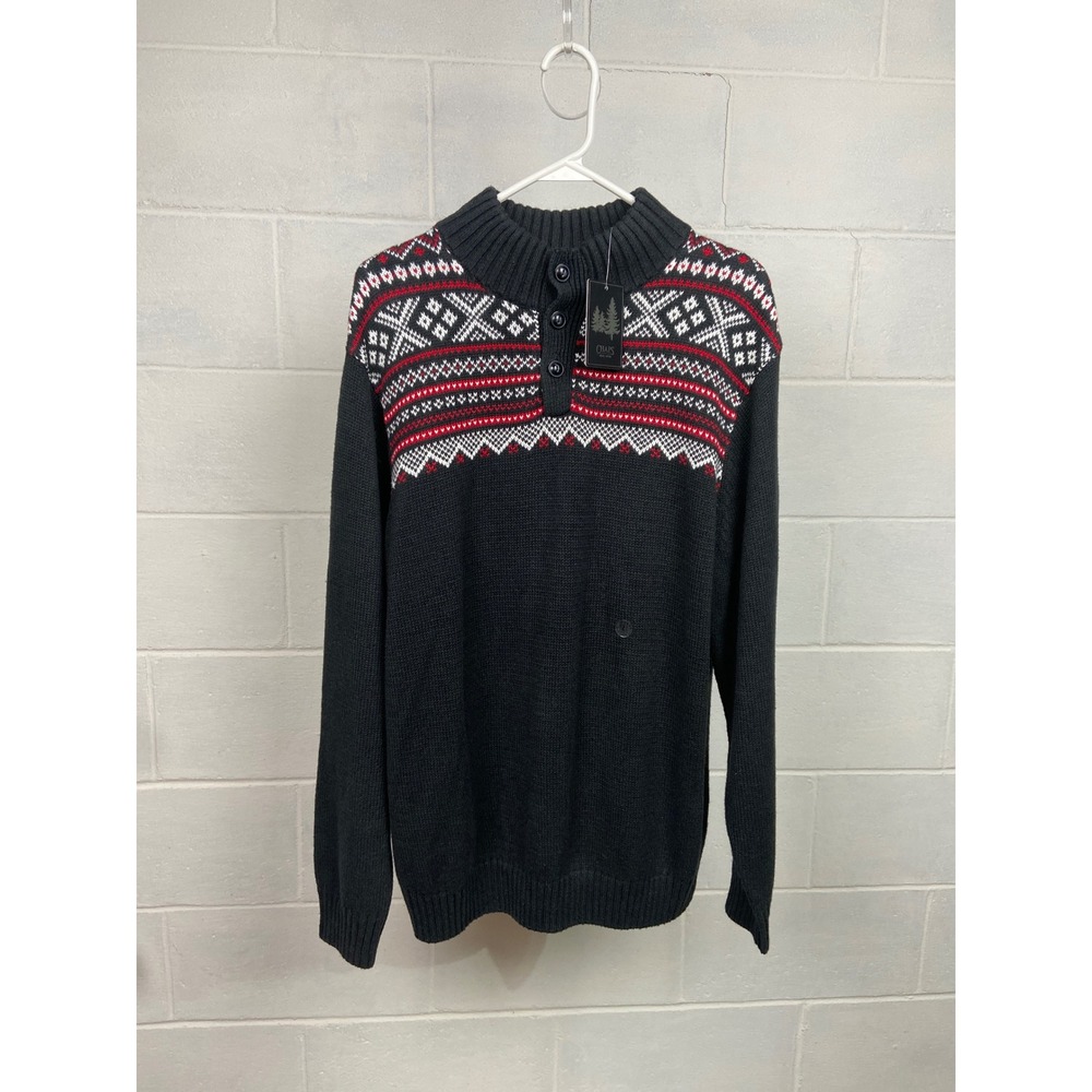 NWT Chaps Fair Isle Sweater Pullover 1/4 Button Up Mock Neck‎ Black Red White L